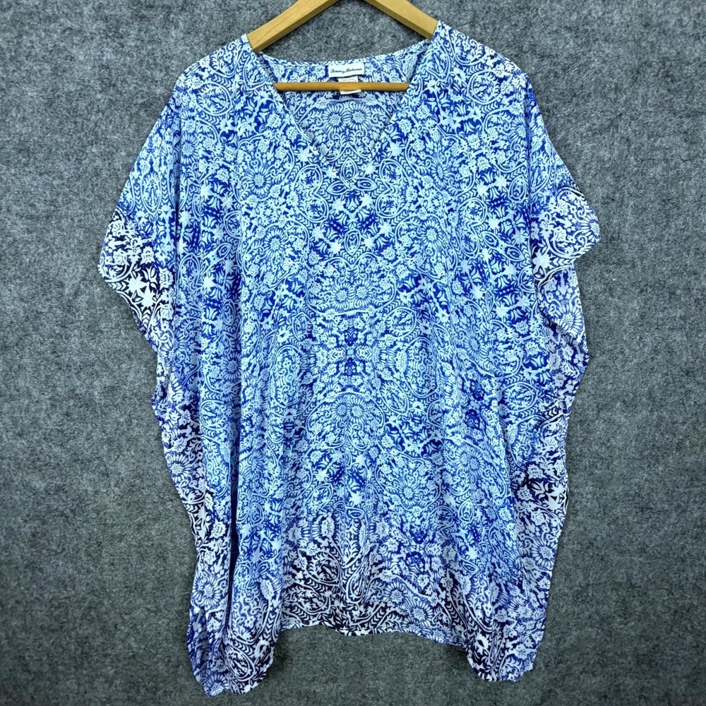 Tommy Bahama Kaftan Cover Up Women Small Blue Floral Resort Beach V-Neck Top
